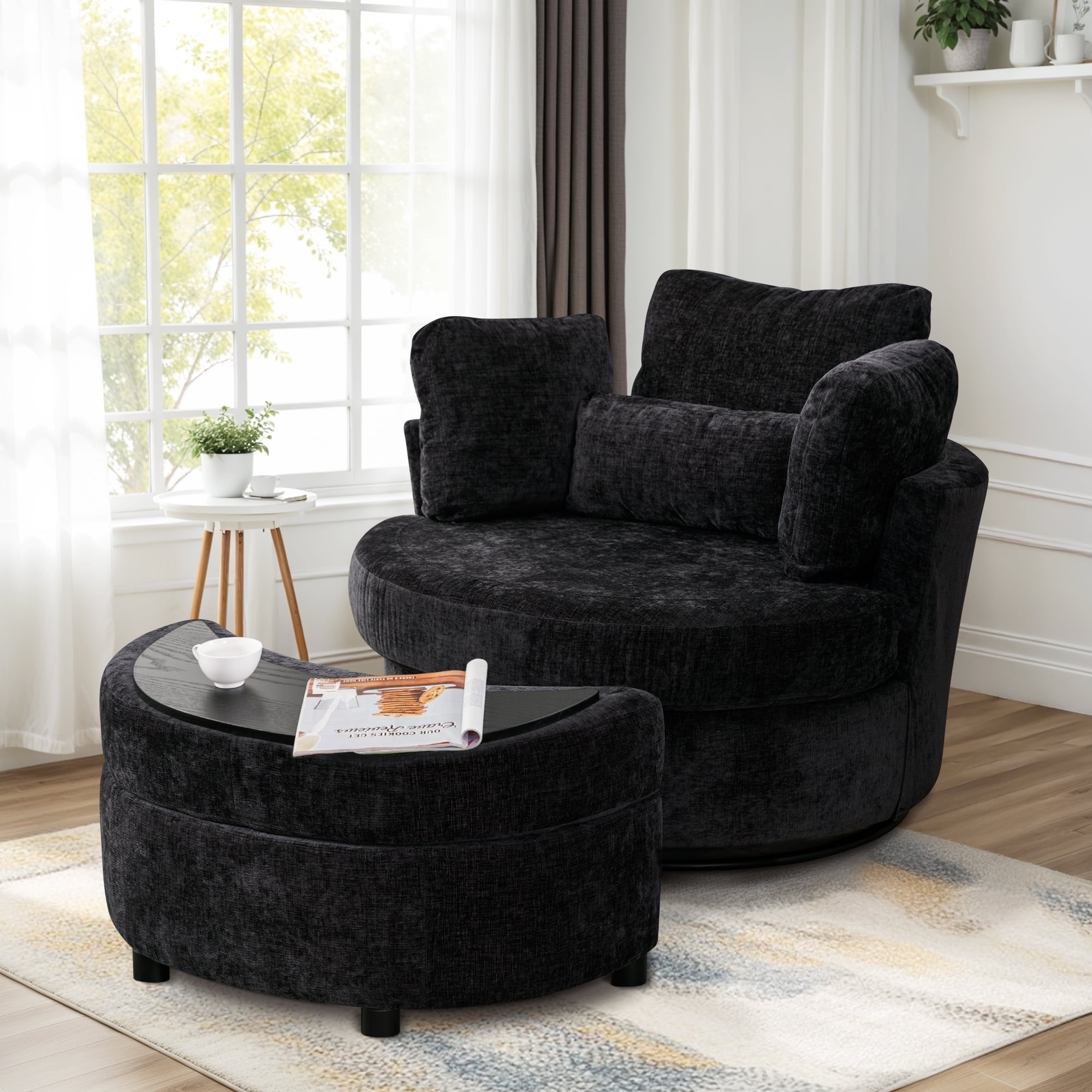 Dinosisco Oversized Swivel Accent Barrel Chair with Storage Ottoman, Chenille, Indoor, Black
