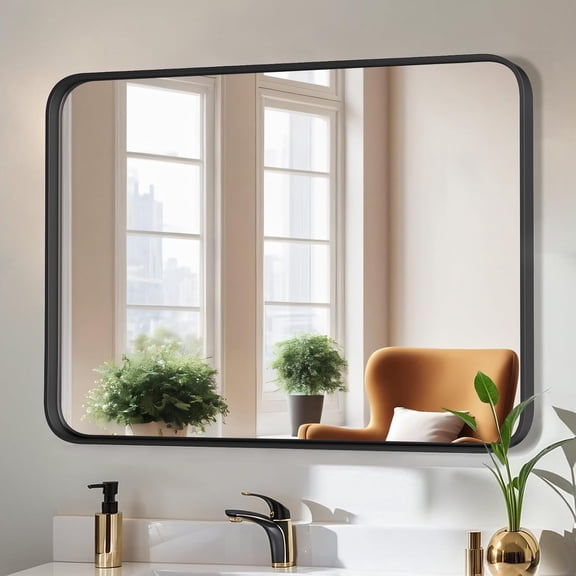 AP Bathroom Mirror for Wall, 40x30 Inch Rounded Rectangle Mirror, Black Metal Framed Bathroom Vanity Mirror for Restroom Farmhouse, Anti-Rust, Tempered Glass, Horizontally or Vertically Hanging