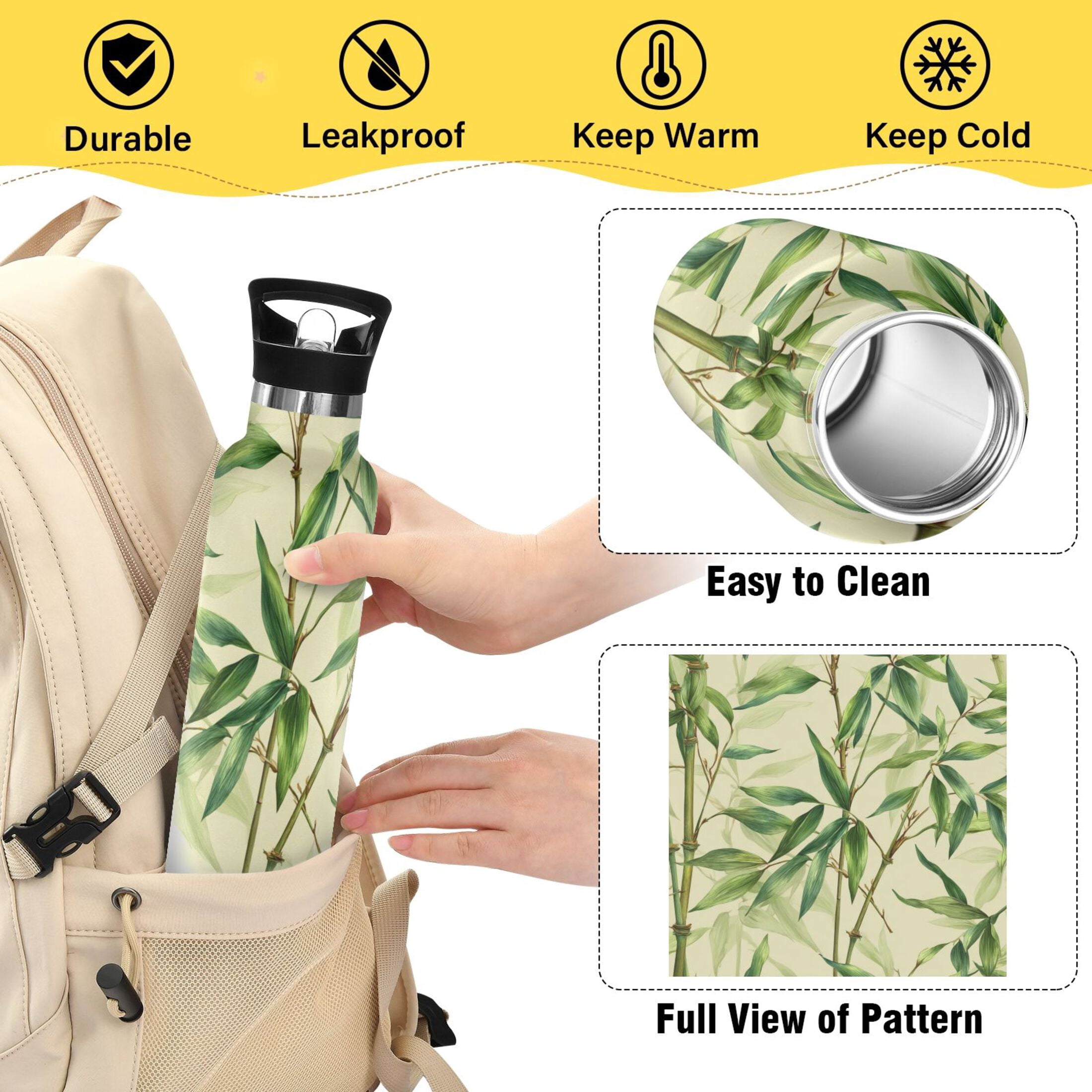 Kids Insulated Stainless Steel Sports Water Bottle 600ml (20oz) Bamboo Pattern