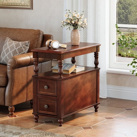 Tribesigns 2 Drawers Wooden Side End Table with Storage Shelf for Living Room (1pcs)