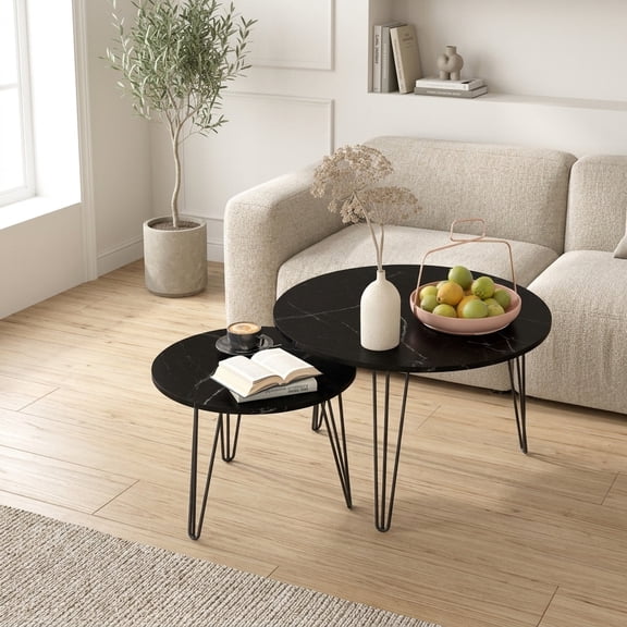 Round Nesting Coffee Table Set of 2 with Marble Look Top - Black