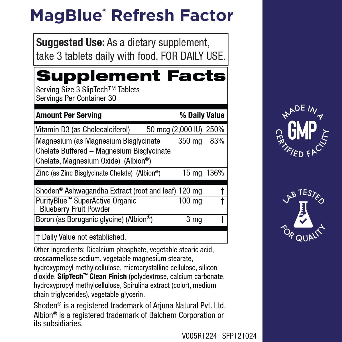 Purity Products MagBlue Refresh Factor Super Boost - Magnesium Bisglycinate, Shoden Ashwagandha, Vitamin D3, Zinc and Boron - 90 Tablets