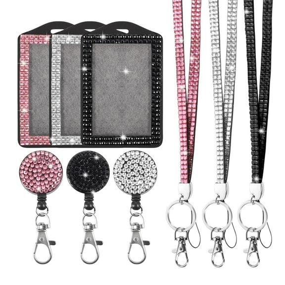 WuPing 3 Color Rhinestone Lanyard for ID Badges, Bling Lanyards with Retractable Badge Reel for Teacher ID Card