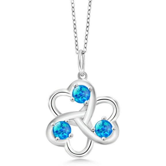 Gem Stone King 0.75 Ct Round Cabochon Blue Simulated Opal 925 Silver 3 Hearts Interlock Pendant With Chain