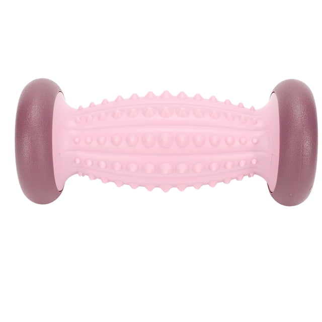 Rodillo de masaje de pies ergonómico ABS para muñecas y cuello, color rosa y morado.