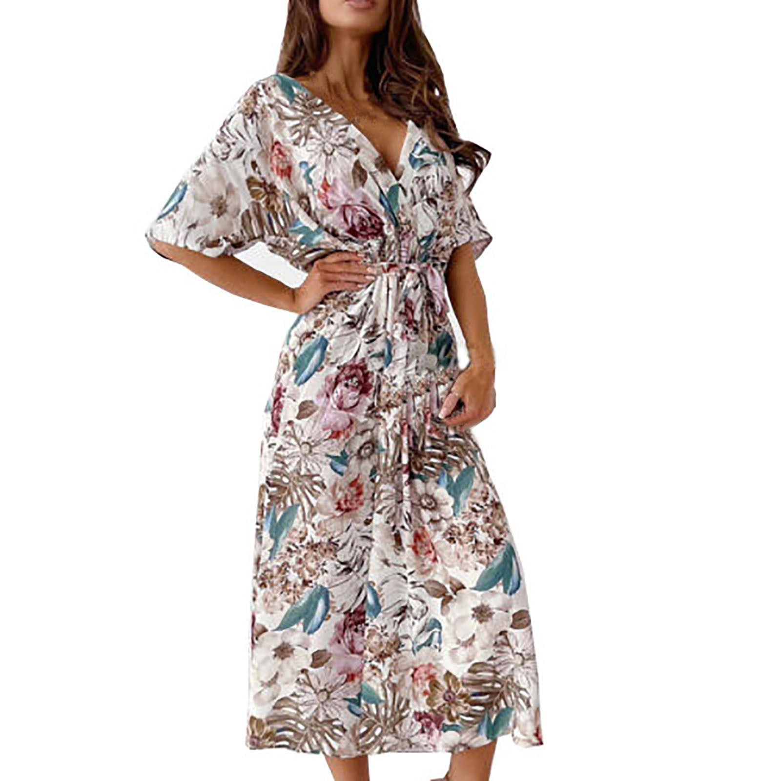 Womens Casual Short Sleeve V Neck Maxi Dress Belt Summer Boho Floral