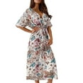 thumbnail image 1 of Vestido de moda para mujer Vestido largo floral con cuello en V y manga corta con cinturón Fridja  nalpqowj4304, 1 of 9