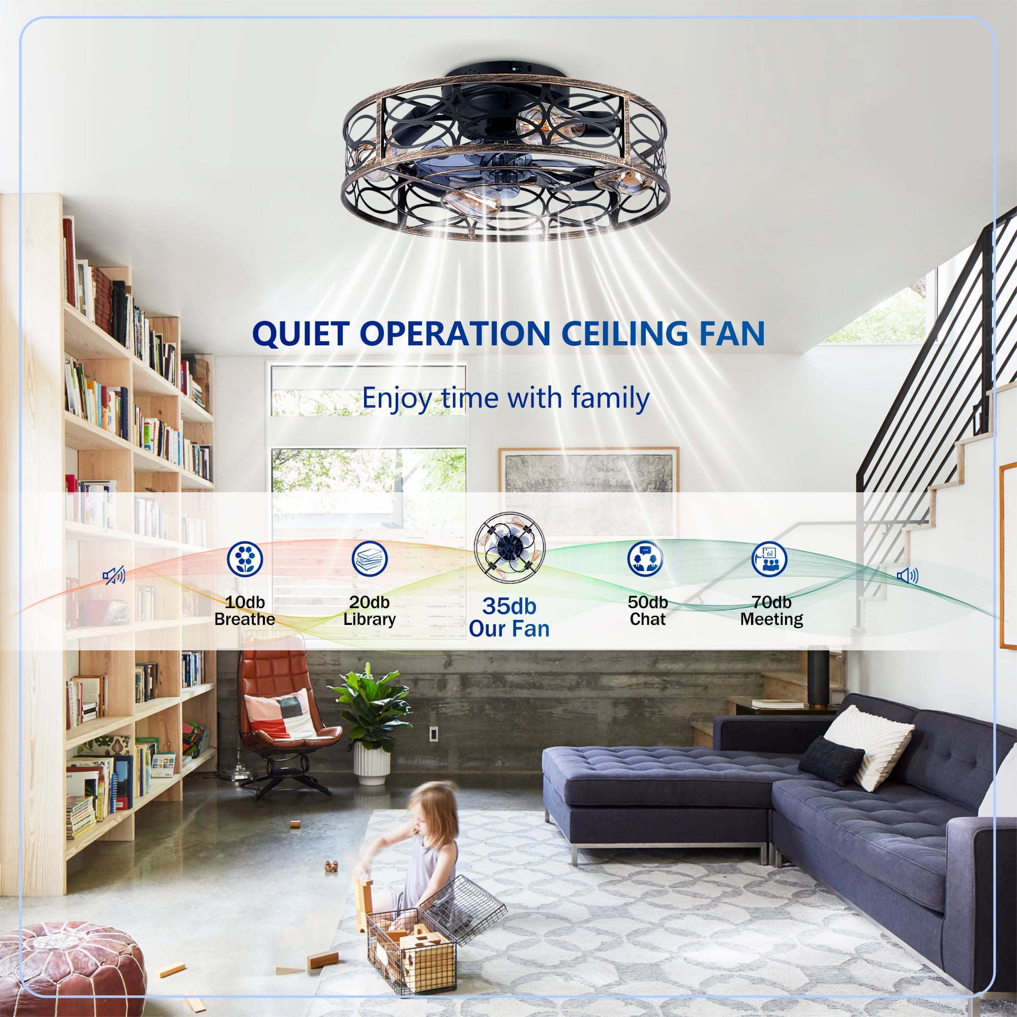 Leumius 20" Low Profile Caged Ceiling Fans with Lights and Remote, Farmhouse Flush Mount Ceiling Fan with 6 Speeds Reversible Motor for Living Room Bedroom Dining Room(NOT Included Bulbs)