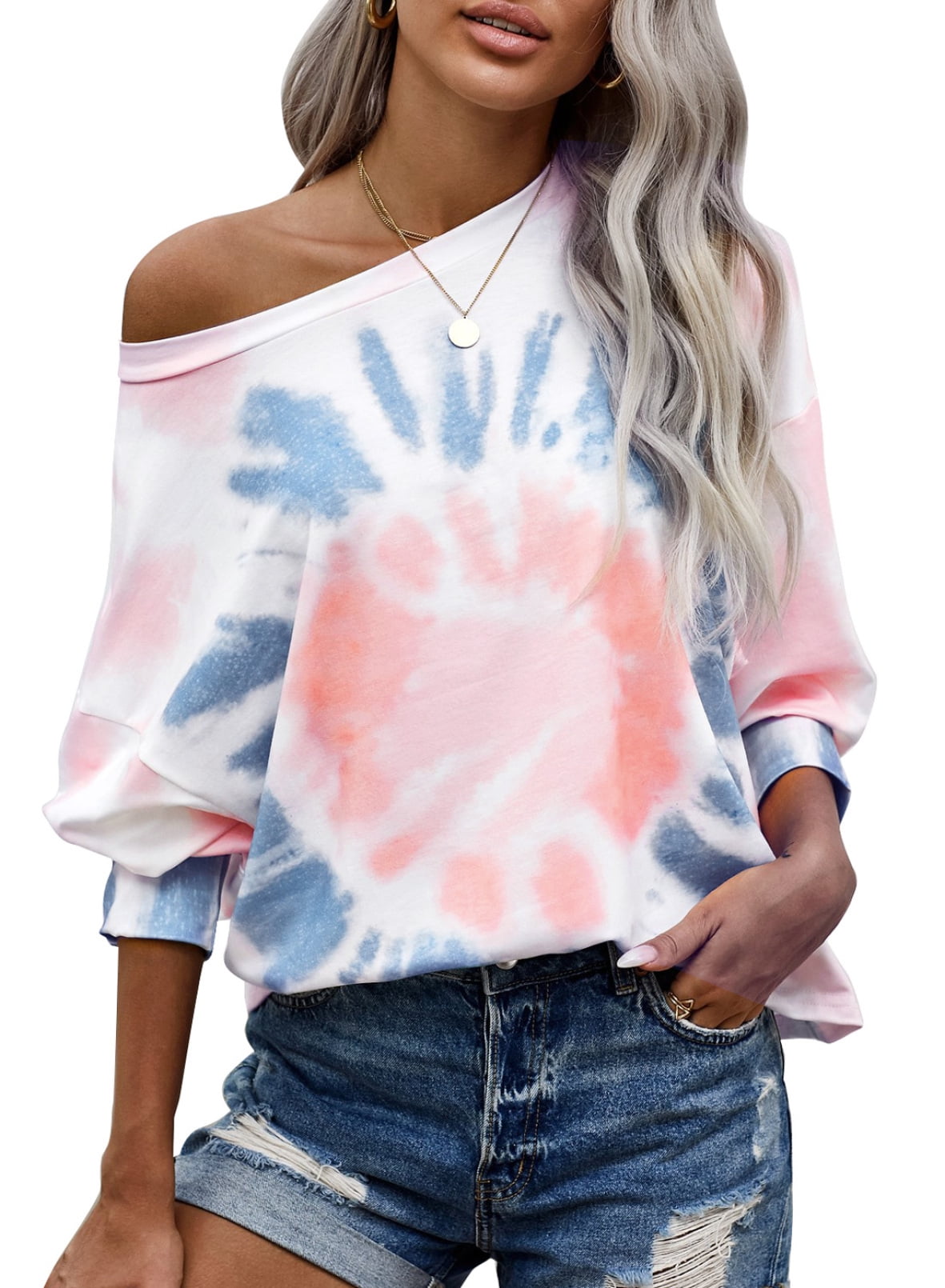 Womens Casual Crewneck Tie Dye Sweatshirt Striped Printed Loose Soft Long Sleeve Pullover Tunic Tops Shirts Plus Size