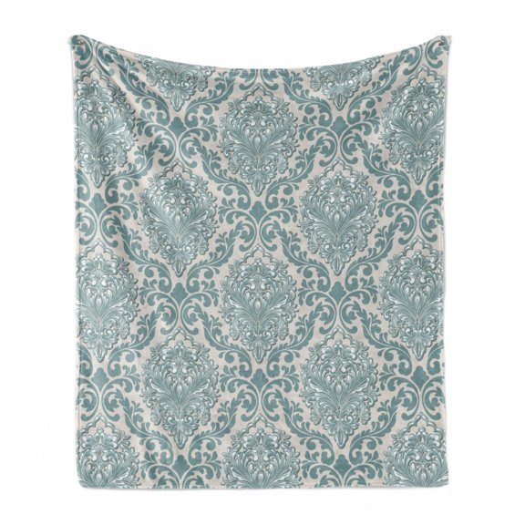 Damask Soft Flannel Fleece Throw Blanket, Botanical Theme of Ivy Like Leaves Intricate Romantic Era Pattern, Cozy Plush for Indoor and Outdoor Use, 50" x 70", Eggshell Pale Teal, by Ambesonne
