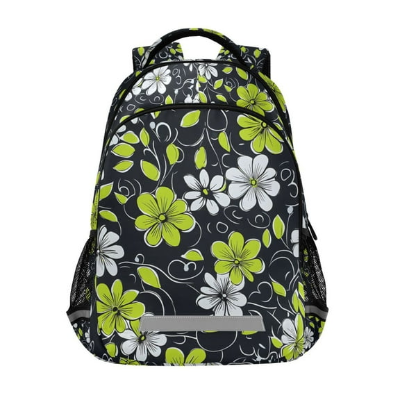 FORMRS Unisex Backpack Elementary School Travel Bookbag with Reflective Stripes, White Flower Pattern