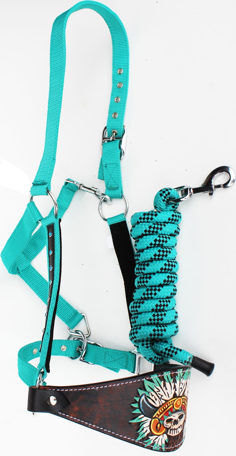 Horse Noseband Tack Bronc Leather HALTER Tiedown Lead Rope Turquoise
