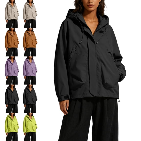 Women's Rain Jacket Zip Up Hooded Long Sleeve Casual Solid Color Full Zip Outwear with Pockets