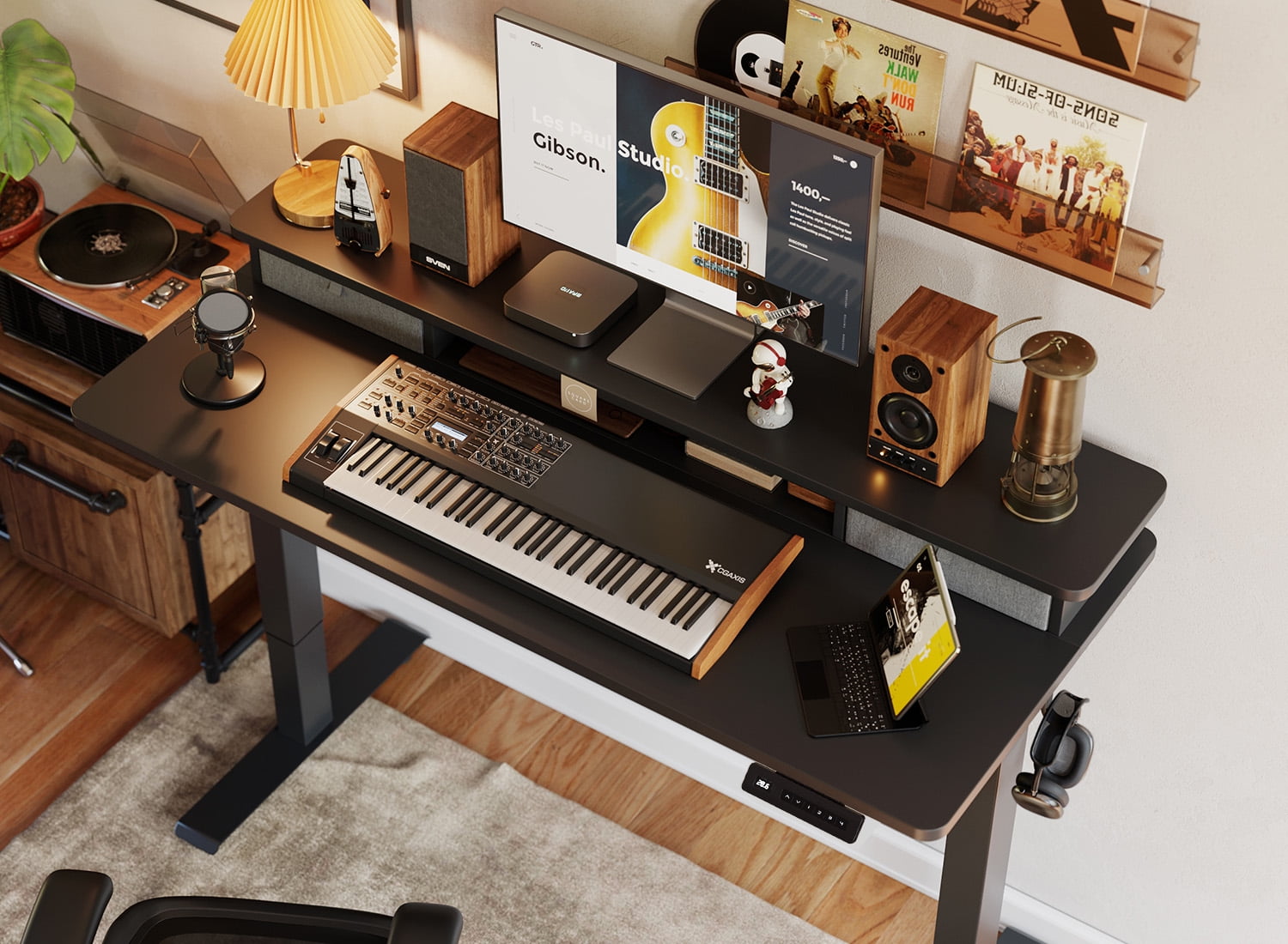 DESINO 63" x 28" Height Adjustable Electric Standing Desk with Double Drawers, Stand Up Desk with Storage Shelf, Home Office Desk Workstation with Splice Board, Black