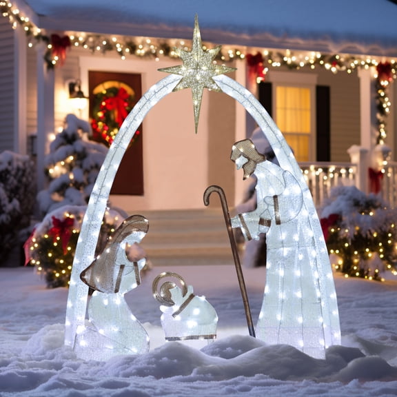 VEIKOUS 5ft Lighted Nativity Scene Christmas Decor Outdoor w/ 150 LED Lights, Holy Family Holiday Yard Decor Set ,White