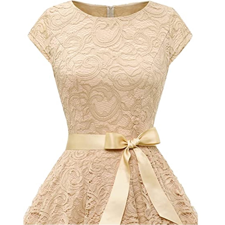 knee length dresses for ladies Robe Courte Dentelle Ajourée Beige Femme main image 0