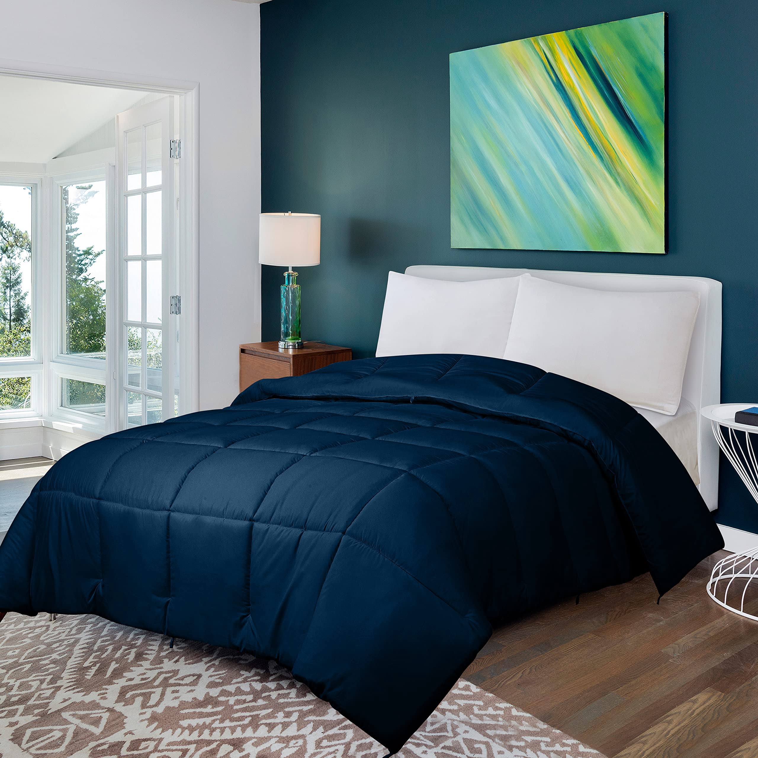 ROYALE California King Comforter - All Season Down Alternative Bedding Comforters- Lightweight Quilted Comforter with Corner Tabs- Soft Luxury Hotel Comforters- Box Stitch Duvet Insert (KingCal Navy)