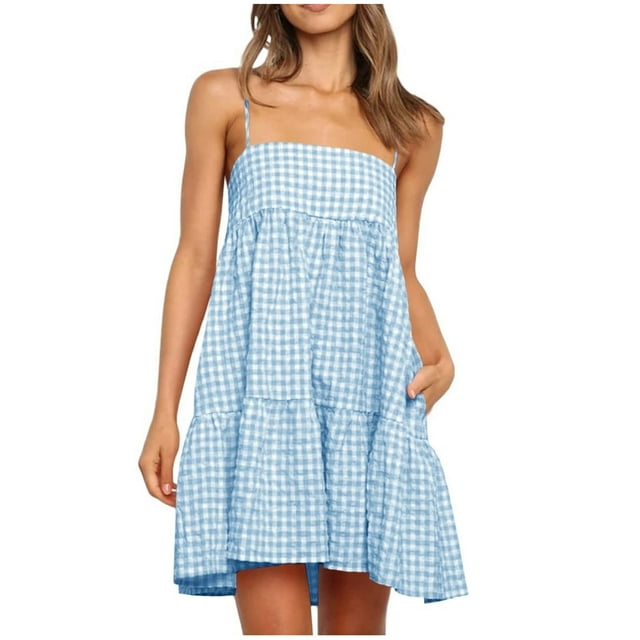 Staron Robes pour Femmes Été Printemps Boho Bretelles Spaghetti Fluide Mignonne Sans Manches Ourlet à Volants Robe d'Été avec Poches Été Décontractée Ligne A Ample Plage Vacances Robe Courte