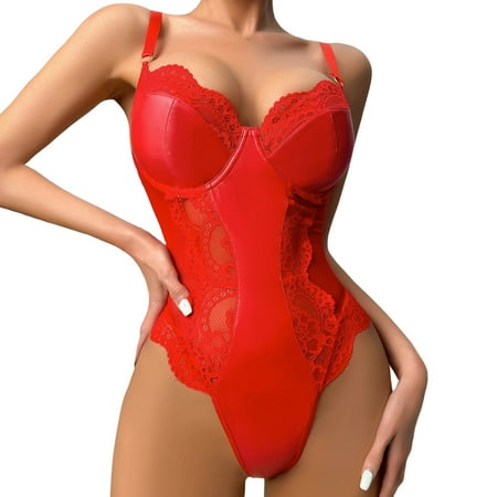 Women Fashion Leather Mesh Patchwork Jumpsuit Buckle Fun Set Underwear Cute Lingerie for Women Womens Lingerie Womens plus Size Lingerie Mom Bod Lingerie Corsets Lingerie