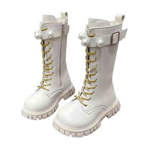 lnmuld Kids Boots Winter Autumn Girls Fashion Boots with Pearl Buckle and Golden Laces High Top Footwear for Toddler Kids Youth Teen Size:5-5.5 Years