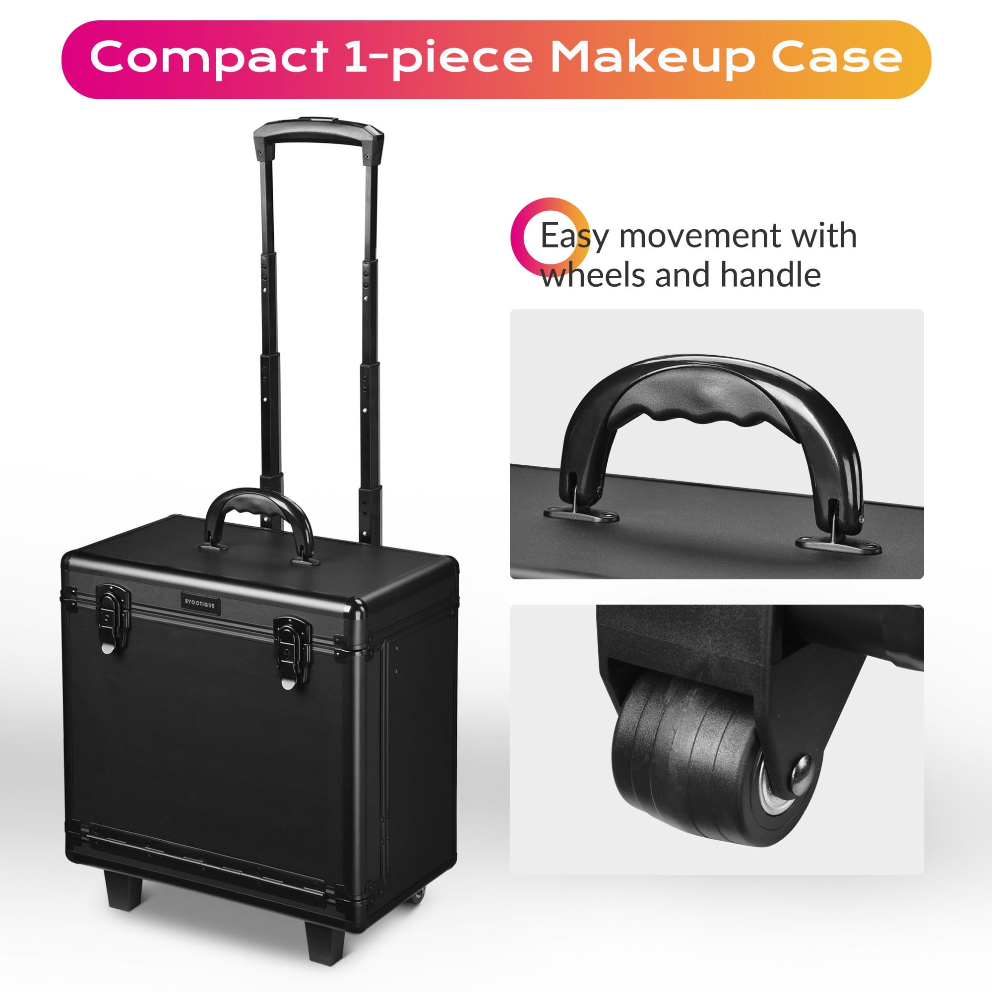 Byootique 15x9x14" Rolling Hair Makeup Case Train PVC Baber Salon Clipper Trimmer Tool Box w/ Appliance Holders