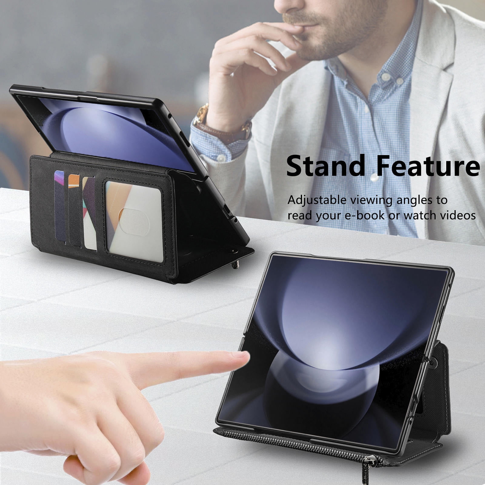For Samsung Galaxy Z Fold 6 Phone Case,2-in-1 Magnetic Detachable Flip,Flip Folding Kickstand,With Card Slots,Zipper Pocket,Ring Holder,Fit Wireless charging,Shockproof Phone Case,Black