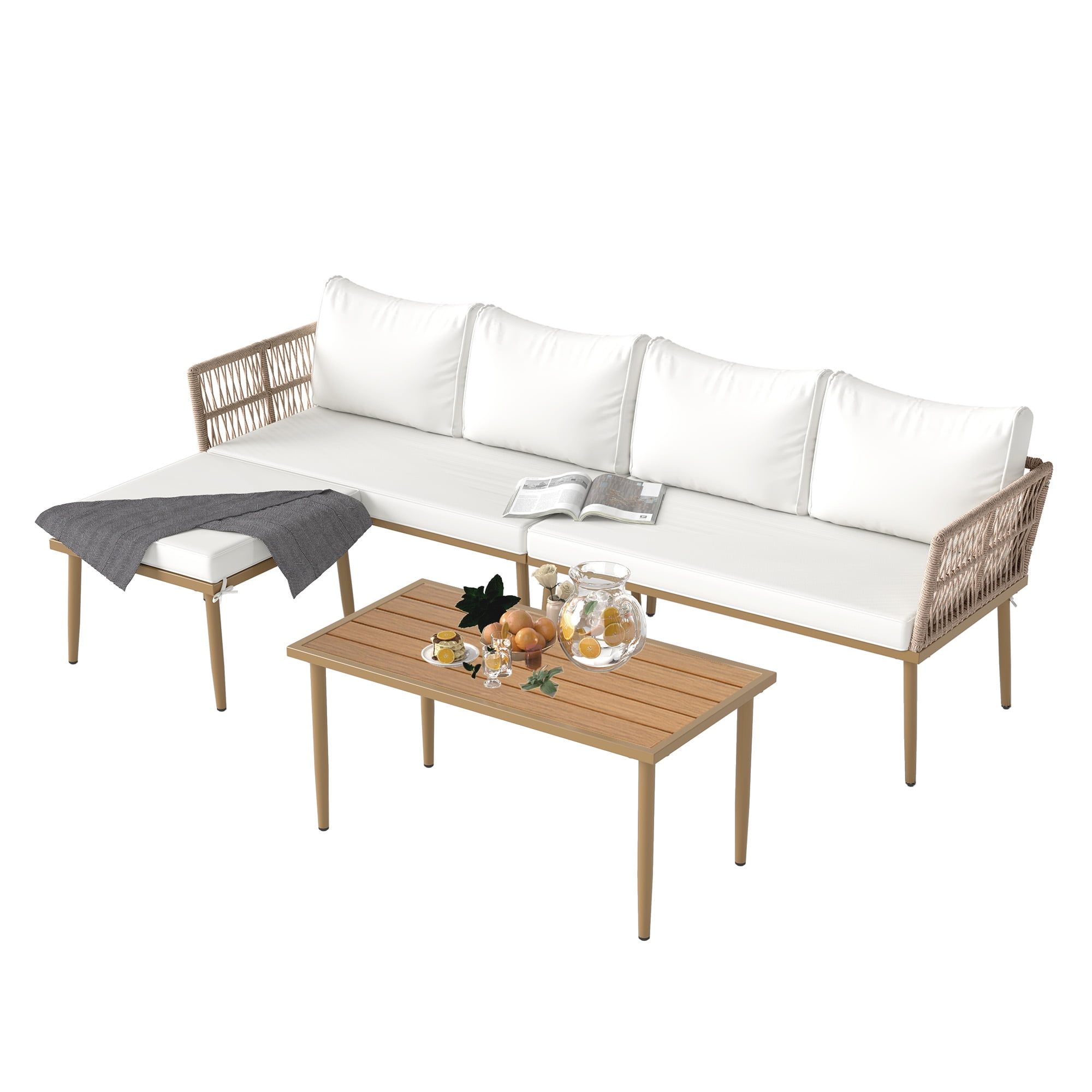 Craftian 4-Piece Outdoor Patio Conversation Set, Patio Furniture Set with Side Table - Beige