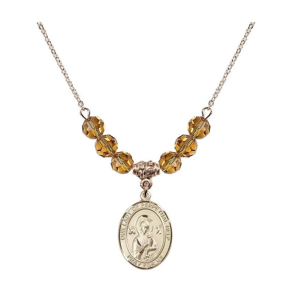18-Inch Hamilton Gold Plated Necklace with 6mm Yellow November Birth Month Stone Beads and Our Lady of Perpetual Help Charm