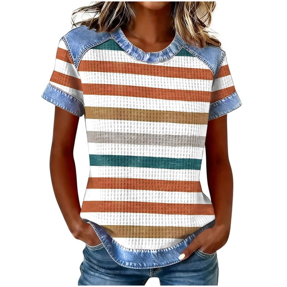 Atogsazn Women Waffle Colorblock Shirt Denim Patchwork Casual Short Sleeve Pullover T-shirt Crew Neck Tops Outfit 01-Khaki S Fashion