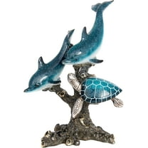 Dolphins and Sea Turtle Statue Swimming on a Coral Reef Base Sea Coral Decor for Home Tabletop Collection