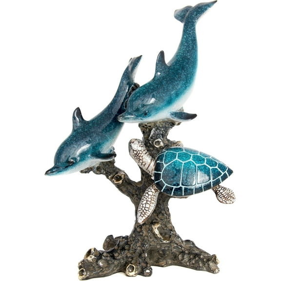 Dolphins and Sea Turtle Statue Swimming on a Coral Reef Base Sea Coral Decor for Home Tabletop Collection
