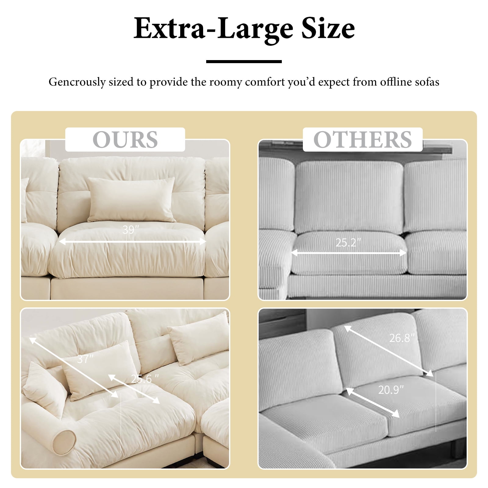 130"Oversized Couch, 3 Seater Modular Sectional Sofa, Beige Large L Shaped Sectional Couches for Living Room, Fluffy Couch Set, 3 Seater, Velvet Cloud Couch with Ottoman, Sofas for Living Room