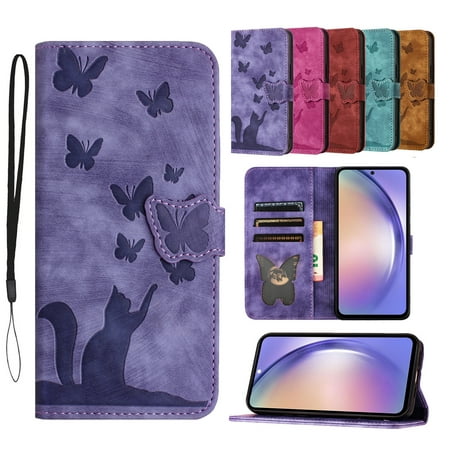 ELEHOLD for Samsung Galaxy A13 Wallet Case, Galaxy A13 5G Case with Card Holder, Embossed Butterfly Cute Cat Soft PU Leather Folio Flip Shockproof Protective Phone Case,Purple