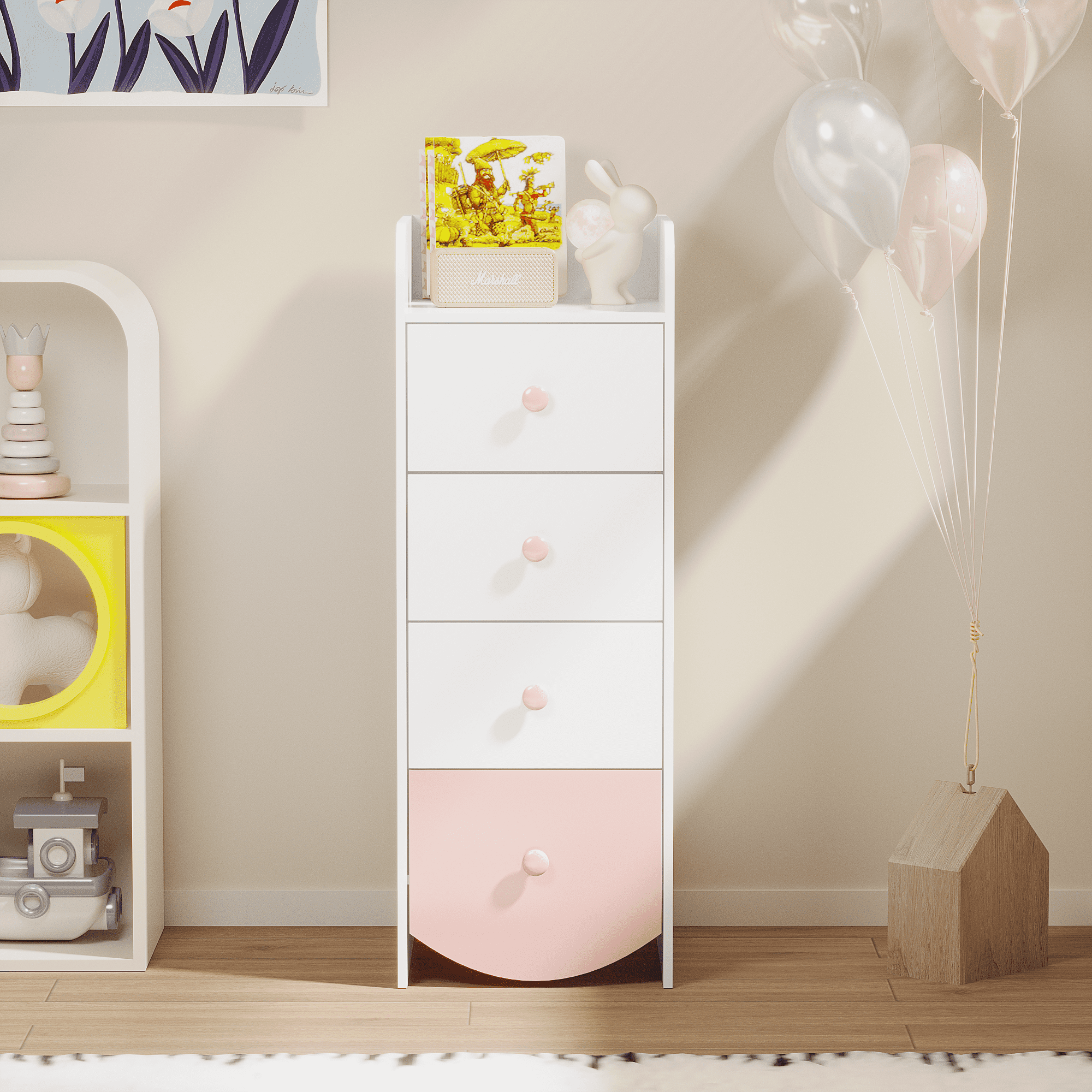 Kids Dresser with 4 Drawers, Narrow Storage Cabinet for Kids Room, MDF Chest of Drawers with Round Bottom Design, Nursery Bedroom Organizer, White
