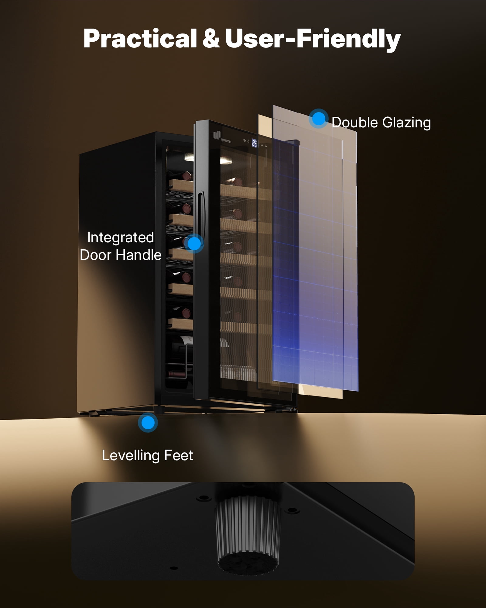Upstreman 24 Bottle Wine Cooler Refrigerator, Freestanding Wine Chiller Compressor Wine Refrigerator with Glass Door, Touch Control & LED Light, 41-68°F Temperature Control, Black W24