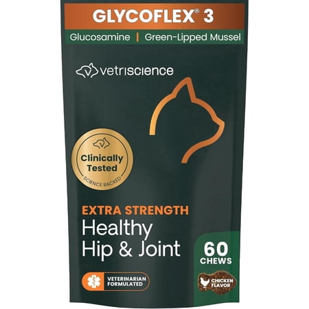 VetriScience GlycoFlex 3 Extra Strength Healthy Hip & Joint Chicken Flavored Chews with Glucosamine & Green-Lipped Mussel, Supplement for Cats, 60 Count