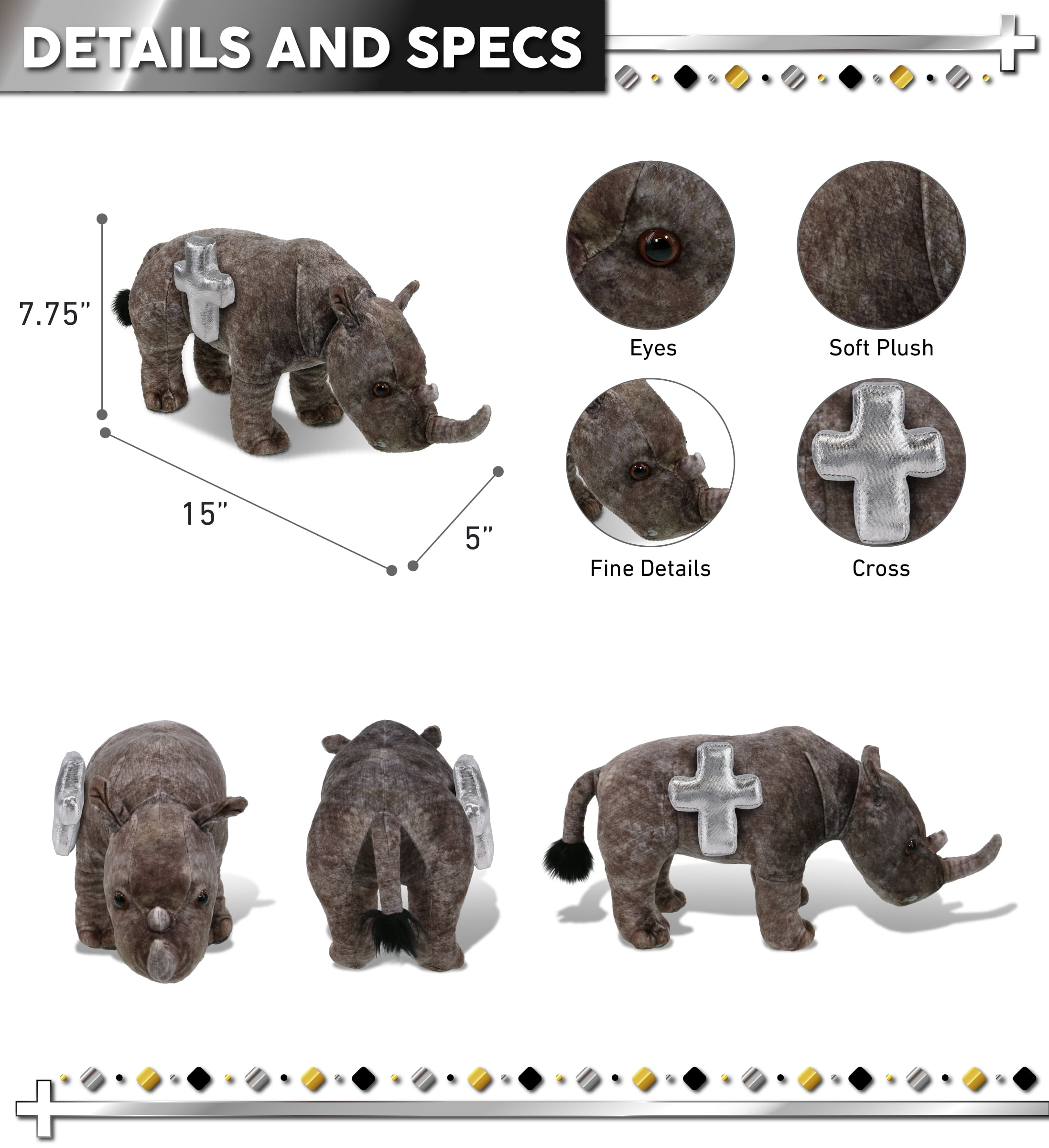 DolliBu Wild Collection Rhino Stuffed Animal with Silver Cross Plush - Baptism Gifts for Boys and Girls, Dedication Christening Gifts Plush Prayer Toy Healing Stuffed Animal - 15 Inches