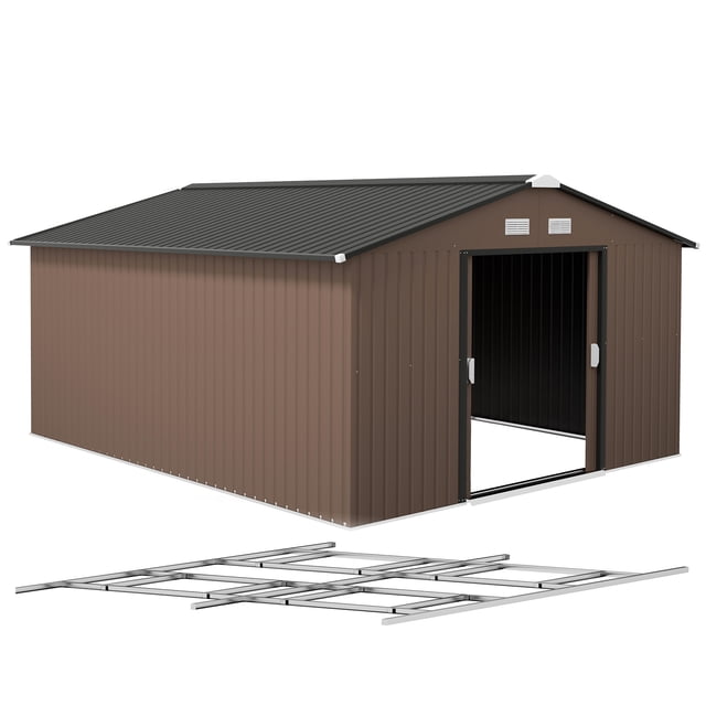 Outsunny 11' x 13' Garden Storage Shed w/ Steel Foundation Kit, Brown