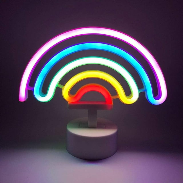 Lindo letrero de neón LED colorido de arcoíris, luces de neón de arcoíris con base a batería, luz de noche de arcoíris para decoración de interiores, para habitación de niños, sala de estar, fiesta, b