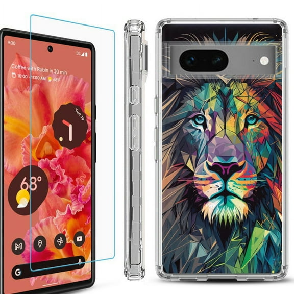 OneToughShield ® Compatible with Google Pixel 8, Shockproof Phone Case, with Tempered Glass Screen Protector - Geometric Lion