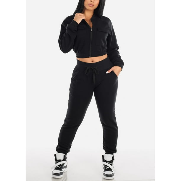 Moda Xpress - Womens Two Piece Set Zip Up Cropped Jacket And Jogger Pants Black 2 PCE SET 10920D