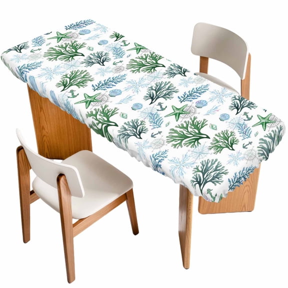 Sage Green Coastal Table Cloths for 8 Foot Rectangle Tables, Coral Starfish Seaside Summer Beach Patio Waterproof Elastic Fitted Tablecloths, Washable Rectangular Table Cover for Camping