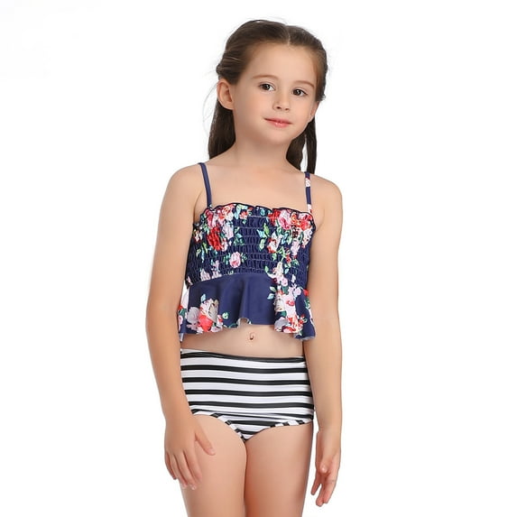 Seyurigaoka Little Girls 2PCS Bikini Set, Sling Floral Ruffle Top+Solid Color/Striped Panty