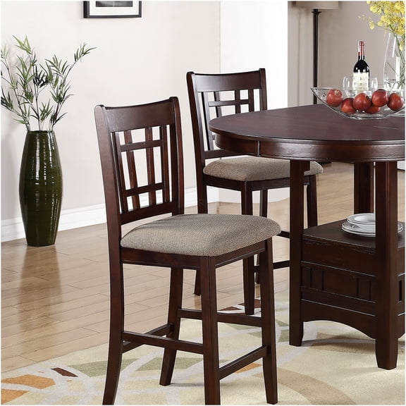 JERFIT Solid Wood Counter Height Dining Chairs, Set of 2 Brown Upholstered Fabric Cushion Seats with Unique Back Design for Kitchen and Dining Room