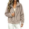 thumbnail image 4 of Women's Ribbed Fleece Zip Up Jacket Stand Collar Long Sleeve Soft Warm Plush Coat with Pockets Casual Loose Fit Fall Winter Outerwear Khaki, 4 of 6