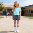 thumbnail image 3 of OGLCCG Girls 3 Piece Outfit Set Kids Short Sleeve Tshirt and Denim Shorts Socks Summer Casual Active Clothes Sets with Pockets 3-12 Years, 3 of 8
