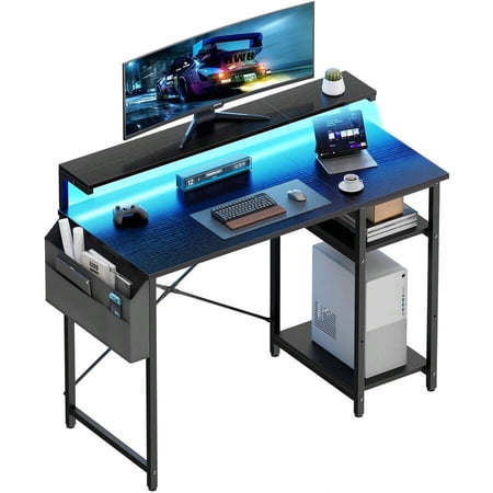 HLDIRECT Office Computer Desk With LED Light Office Table With Monitor Stand For Home/Office Use Corner Desk With Large Storage Bag And Height Adjustable Storage Shelf Remote Worker