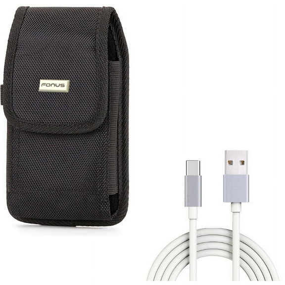 Rugged Durable Case Holster Metal Belt Clip w White 6ft Long Type-C Cable Rapid Charge USB Wire Sync N1L for Acer Liquid Jade Primo - Alcatel 7, Idol 4S - ASUS ROG Phone, ZenFone AR 6 5z 4 Pro