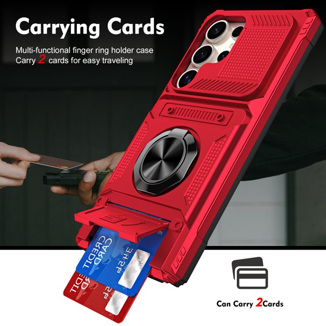 Fashion Case with Holder Stander Kickstand Drop Resistant Shockproof Case For Samsung Galaxy S25 Ultra, designed in a vibrant red matte finish. Features a 360-degree rotating ring holder that doubles as a kickstand for hands-free viewing. Includes a card slot capable of holding two cards, with reinforced four-corner airbag design for impact absorption. Constructed with hybrid materials combining TPU silicone and hard PP for enhanced protection against drops, shocks, and scratches.