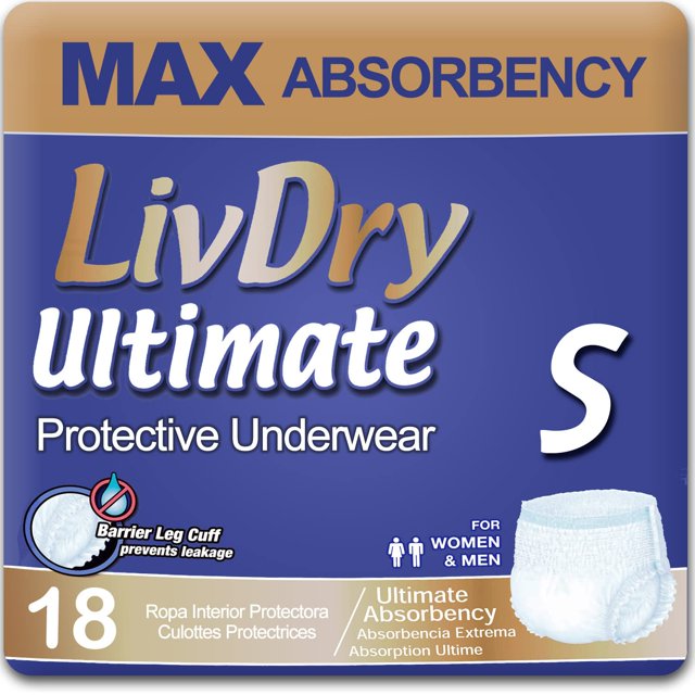 Ropa interior para incontinencia para adultos LivDry Ultimate Small, paquete de 18